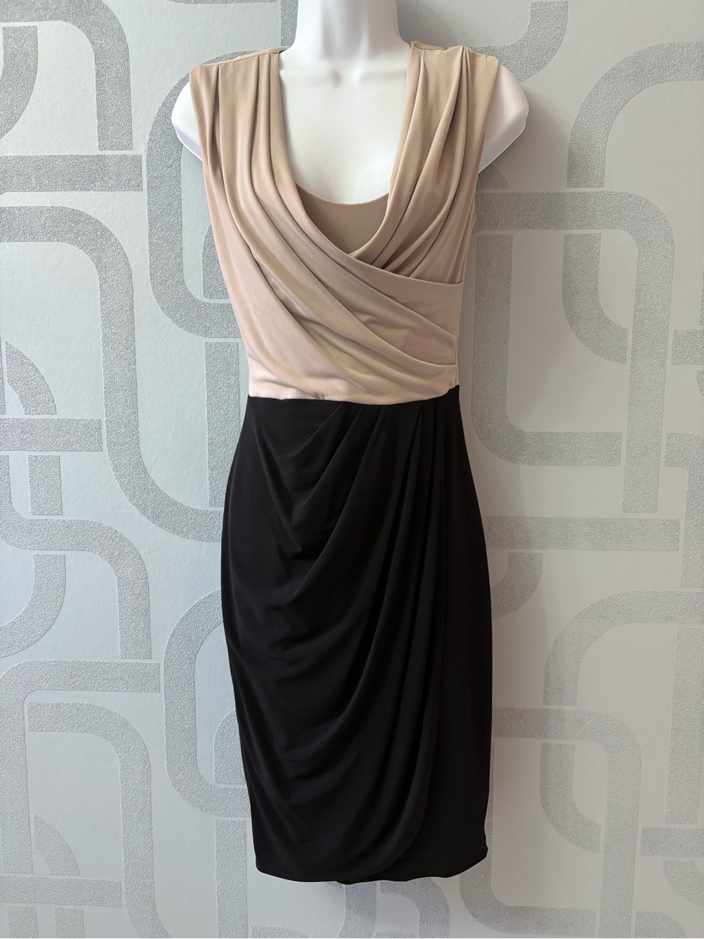 le chateau Two-Tone Draped Midi Dress in Beige and Black
